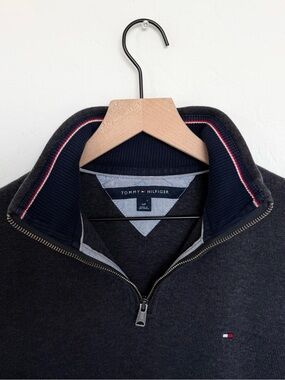 Tommy Hilfiger Men’s Dark Charcoal Zip-Up Sweater with Navy and Red Trim